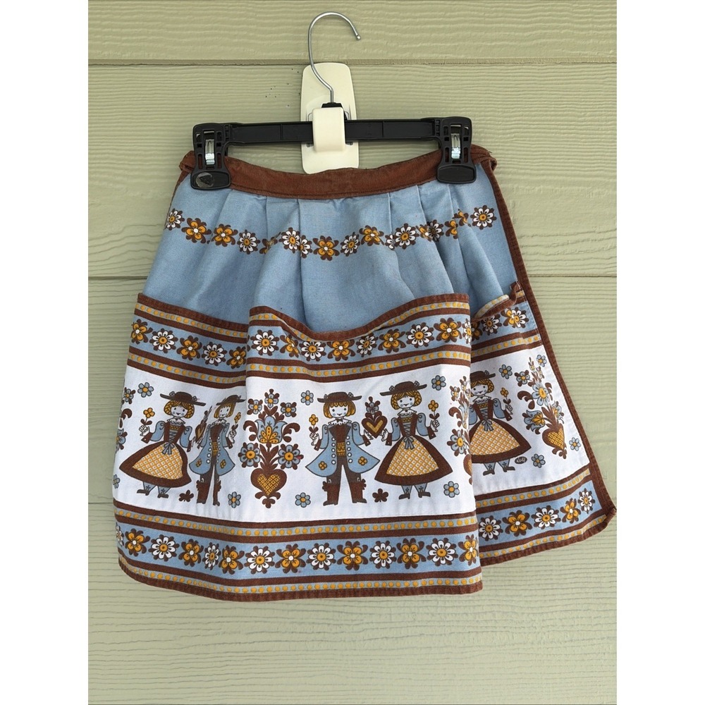 Made in Austria Bavarian Folk Art Blue/Brown Floral Half Apron Pockets Tie Waist